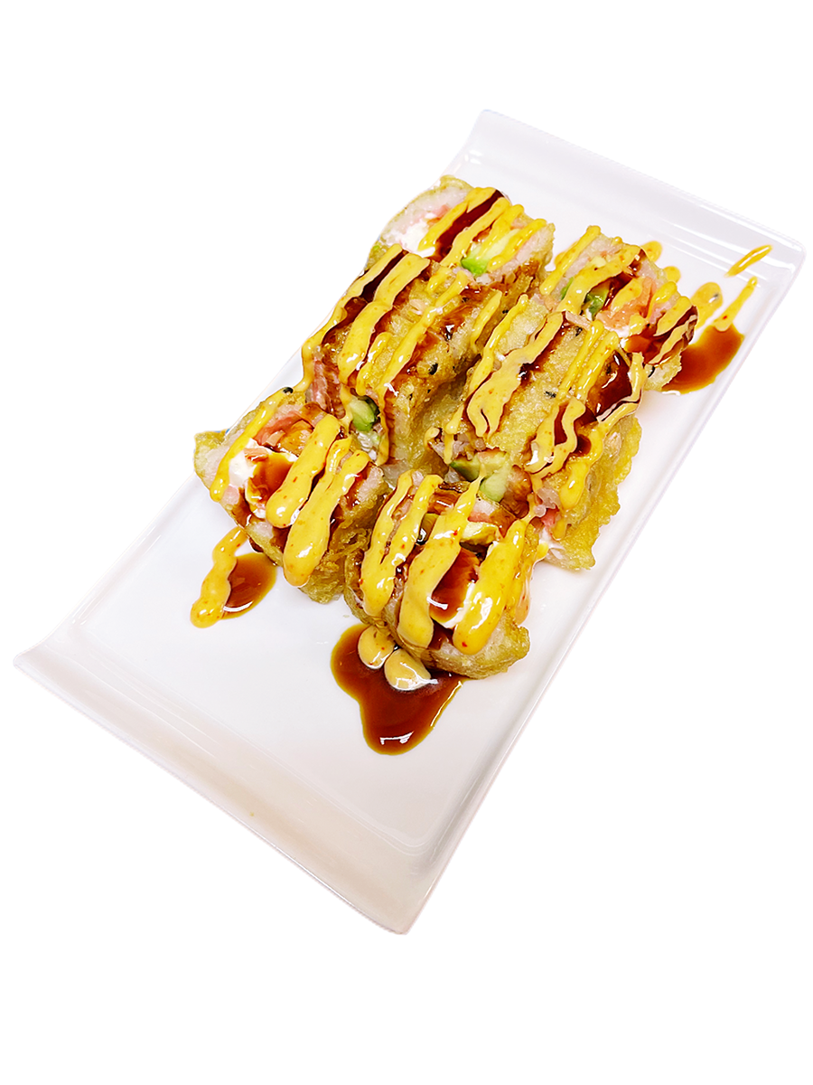 Crispy sushi rolls drizzled with sauces at O-Ku Sushi & Poke, a Japanese Restaurant in Sandy