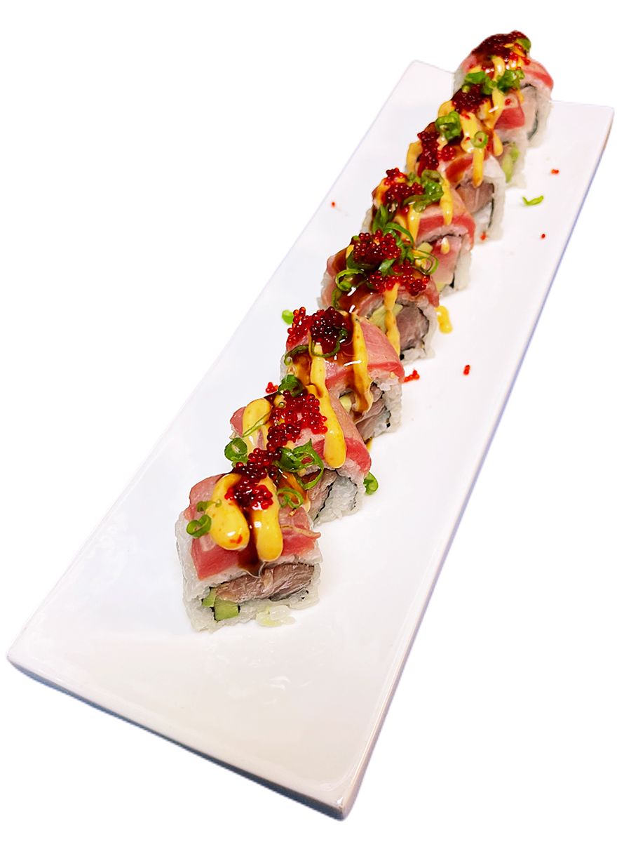 Colorful sushi roll topped with fish roe at O-Ku Sushi & Poke, a Japanese Restaurant in Sandy