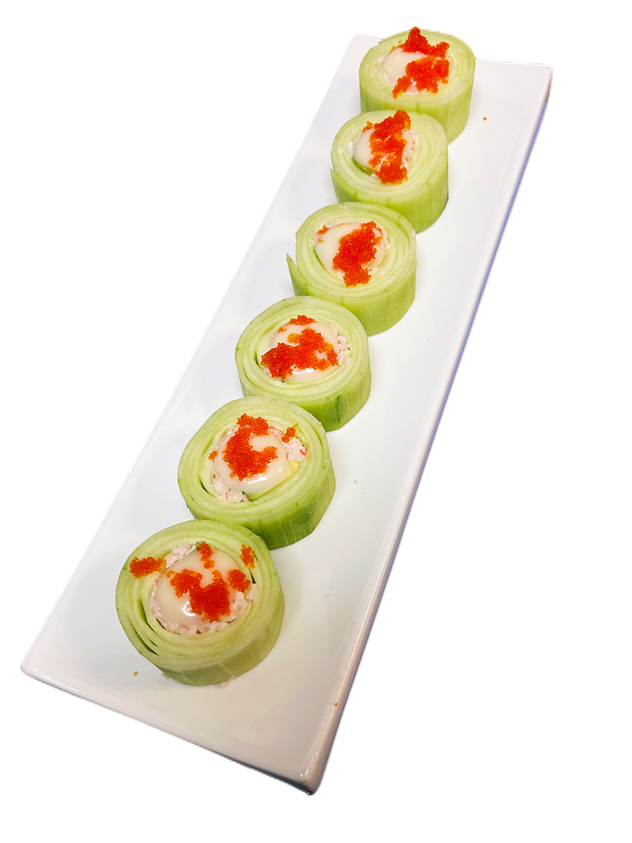Cucumber wrapped rolls topped with fish roe at O-Ku Sushi & Poke, a Japanese Restaurant in Sandy