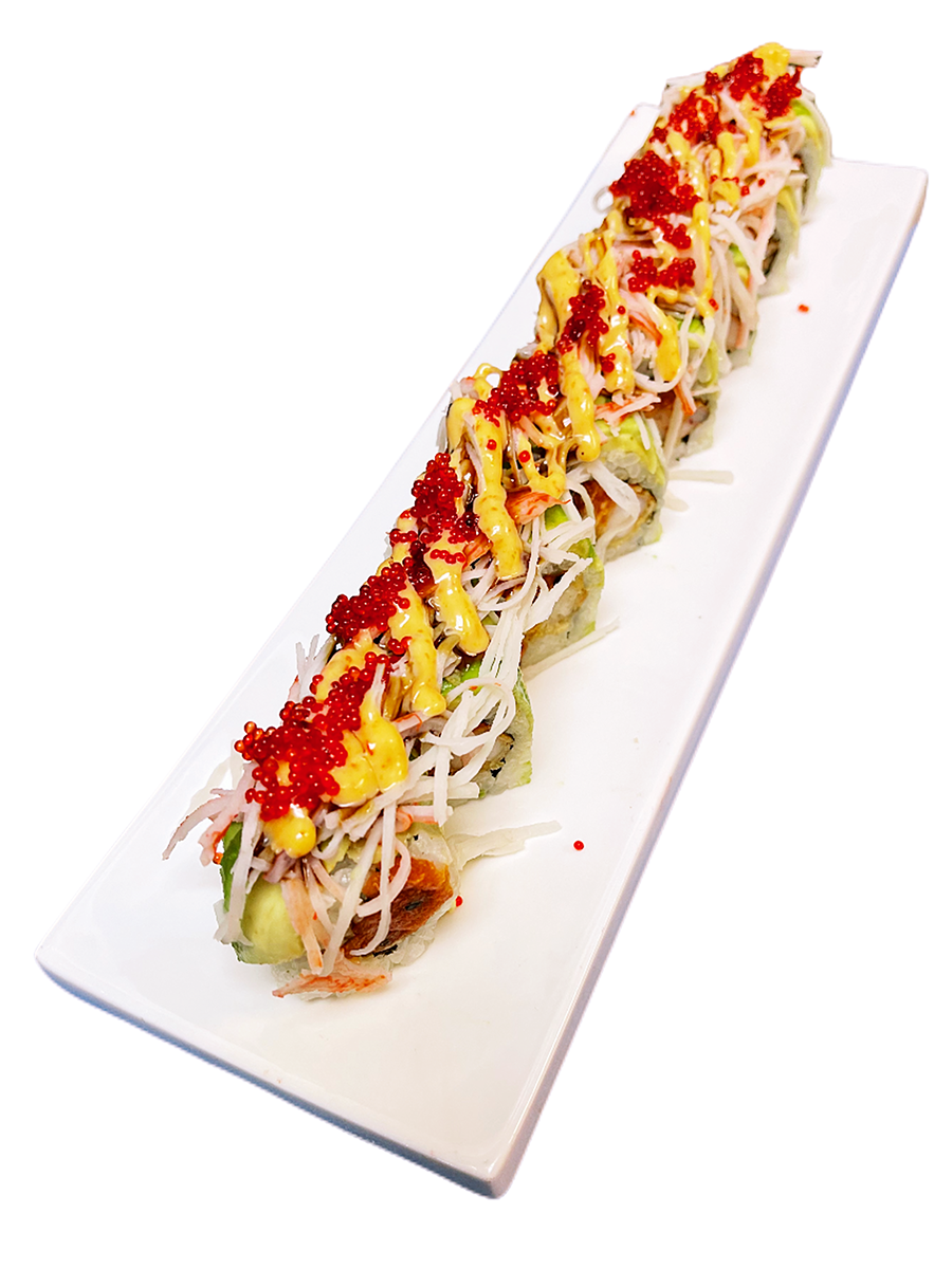 Sushi roll topped with crab and red fish roe at O-Ku Sushi & Poke, a Japanese Restaurant in Sandy