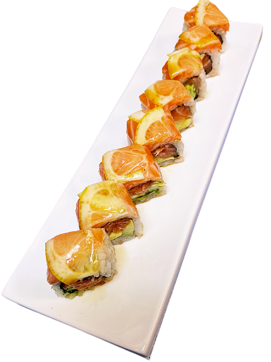 Salmon sushi roll topped with lemon slices at O-Ku Sushi & Poke, a Japanese Restaurant in Sandy