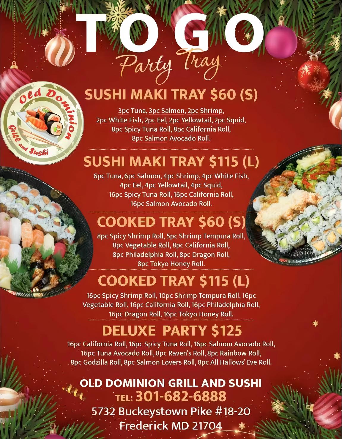 A red holiday-themed menu for Old Dominion Grill and Sushi, listing various sushi and cooked party trays with prices, plus restaurant contact and address details.