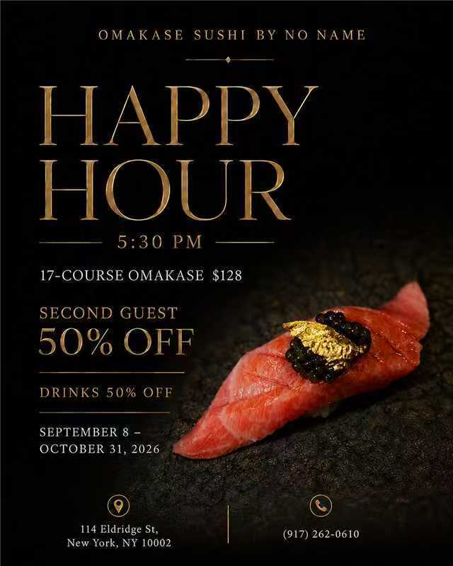 Black sushi restaurant promo poster with gold text, discount offers, and a tuna nigiri image.