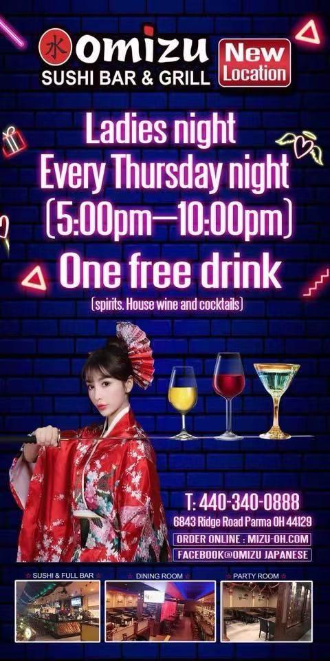 Omizu Sushi Bar & Grill Ladies Night promo: free drink Thursdays, with location and contact details at Omizu Japanese Restaurant in Parma