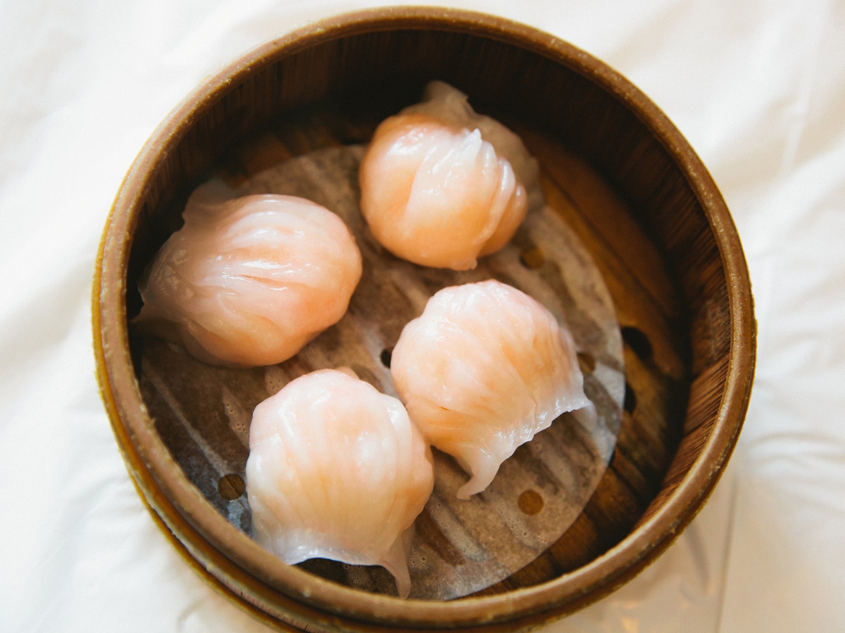 Crystal shrimp dumplings in bamboo steamer at One More Bite Dumpling, a Chinese Restaurant in Palm Desert