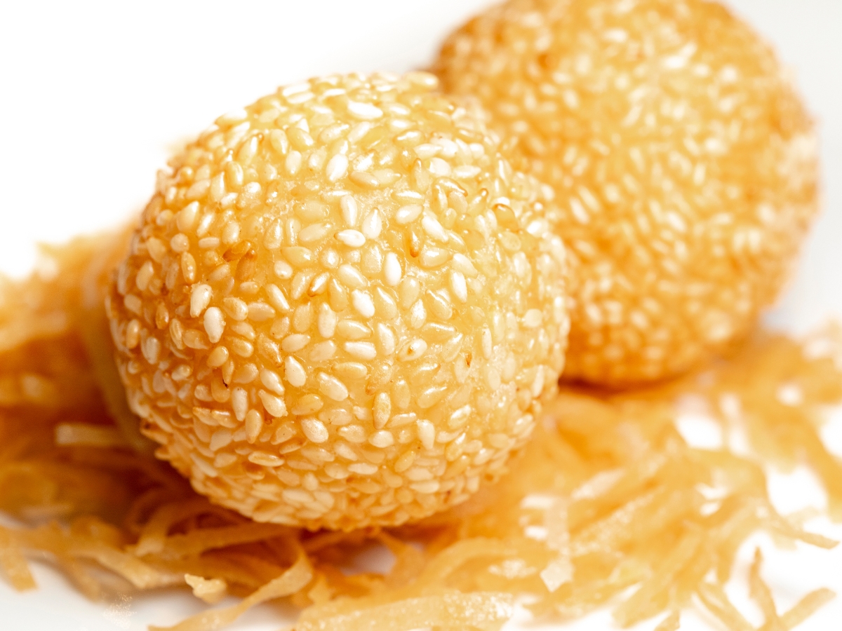 Fried sesame balls coated with sesame seeds at One More Bite Dumpling, a Chinese Restaurant in Palm Desert