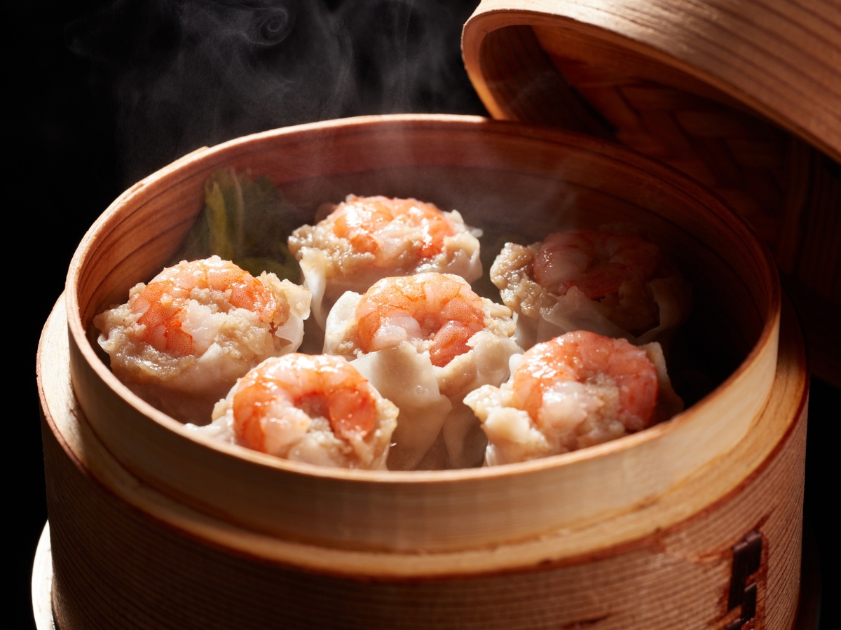Shrimp siu mai in bamboo steamer at One More Bite Dumpling, a Chinese Restaurant in Palm Desert