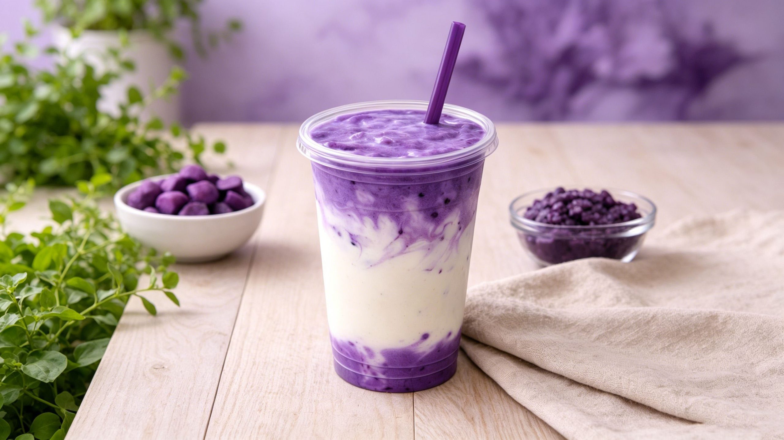 Creamy ube latte with purple taro toppings at One Tea, a Bubble Tea Store in Livingston
