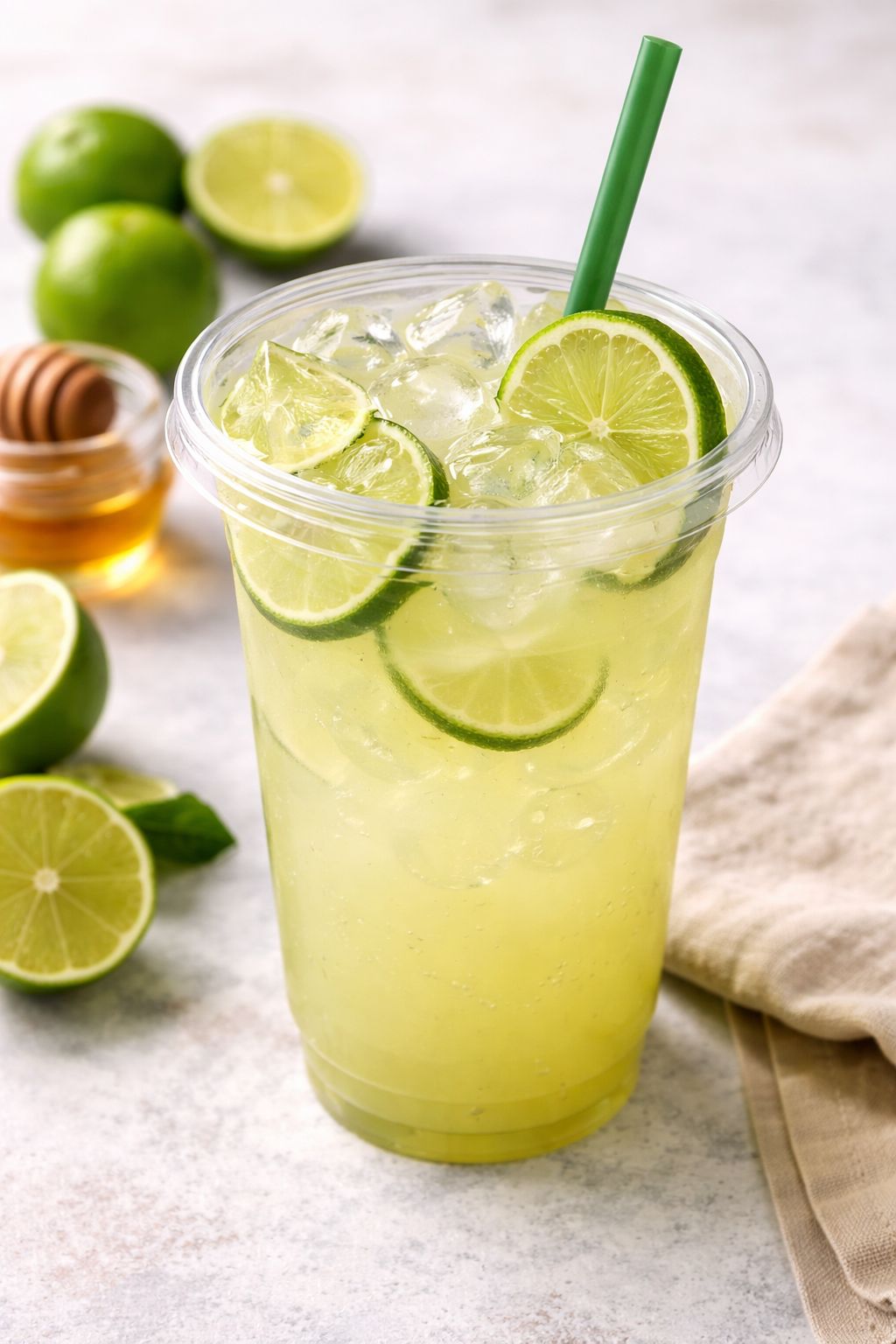 Refreshing lime honey drink with fresh lime slices at One Tea, a Bubble Tea Store in Livingston