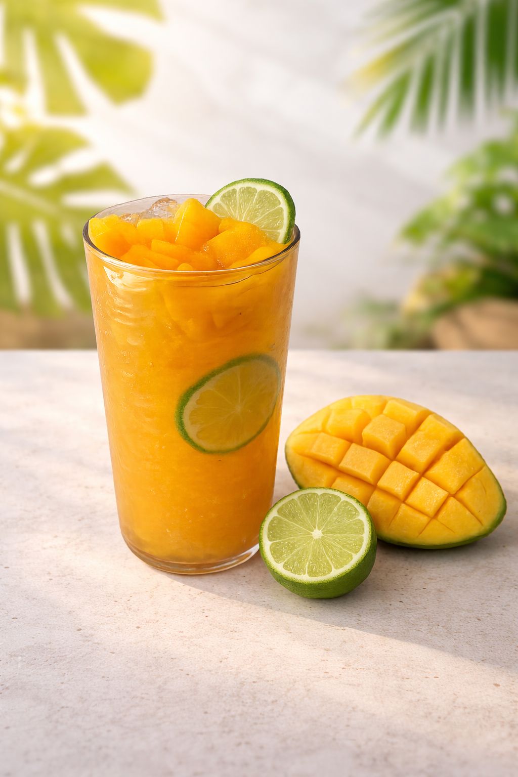 Mango lime iced drink with fresh mango and lime at One Tea, a Bubble Tea Store in Livingston