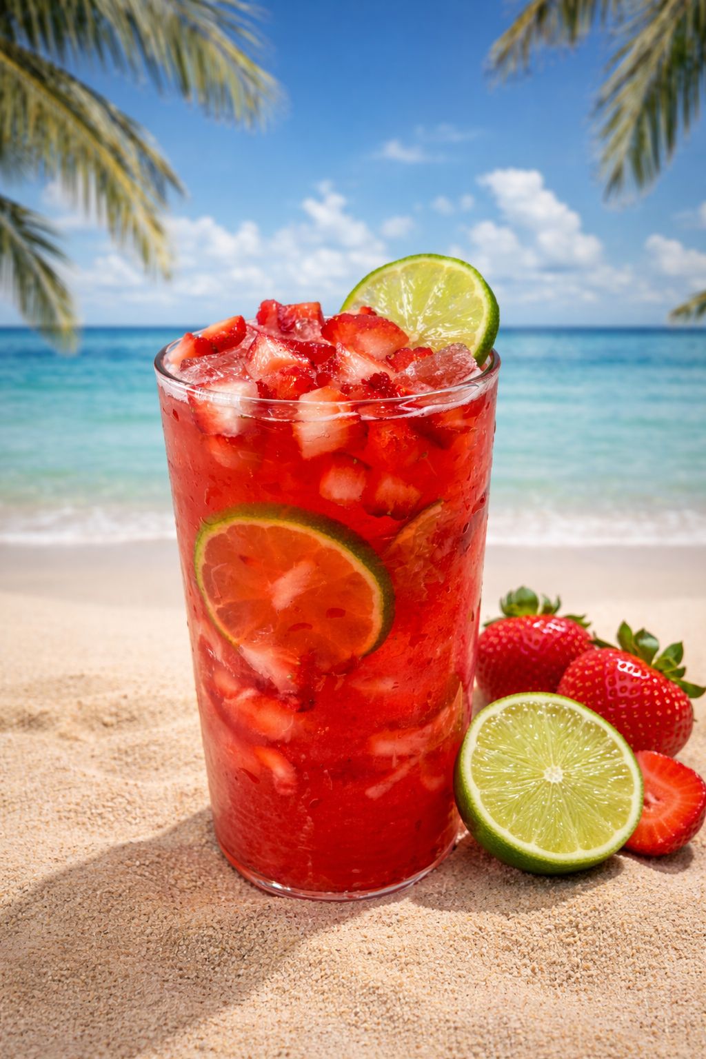 Strawberry lime iced drink with fresh strawberries at One Tea, a Bubble Tea Store in Livingston