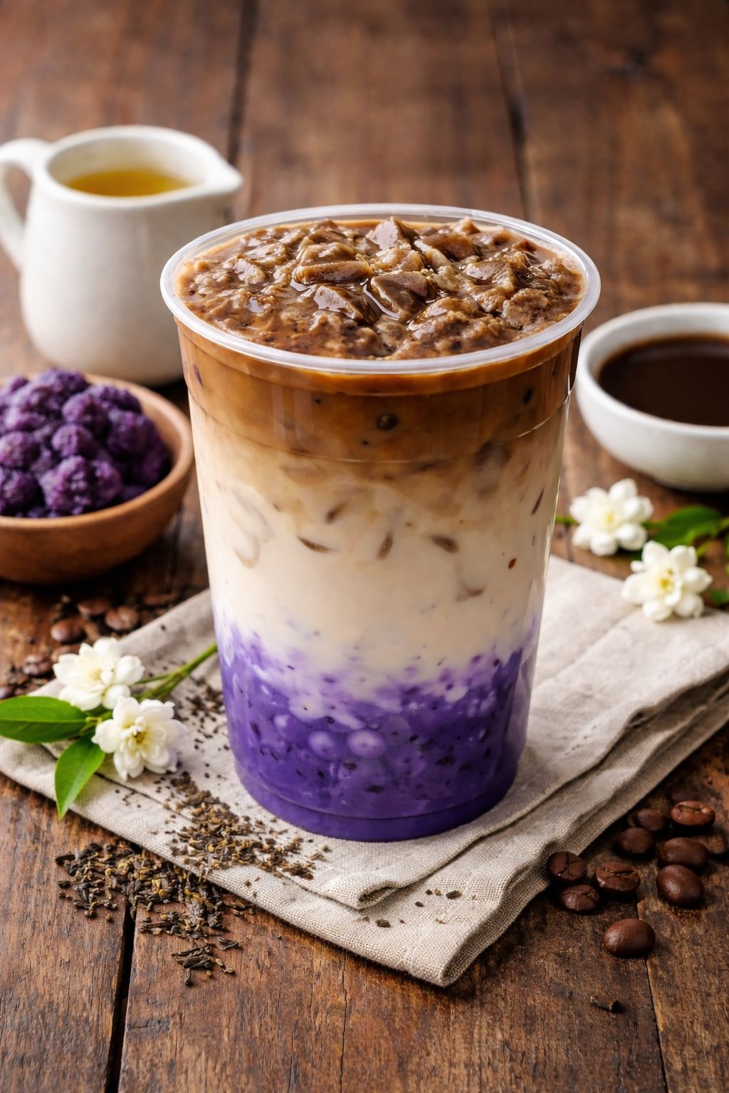 Ube jasmine latte with purple taro and coffee at One Tea, a Bubble Tea Store in Livingston