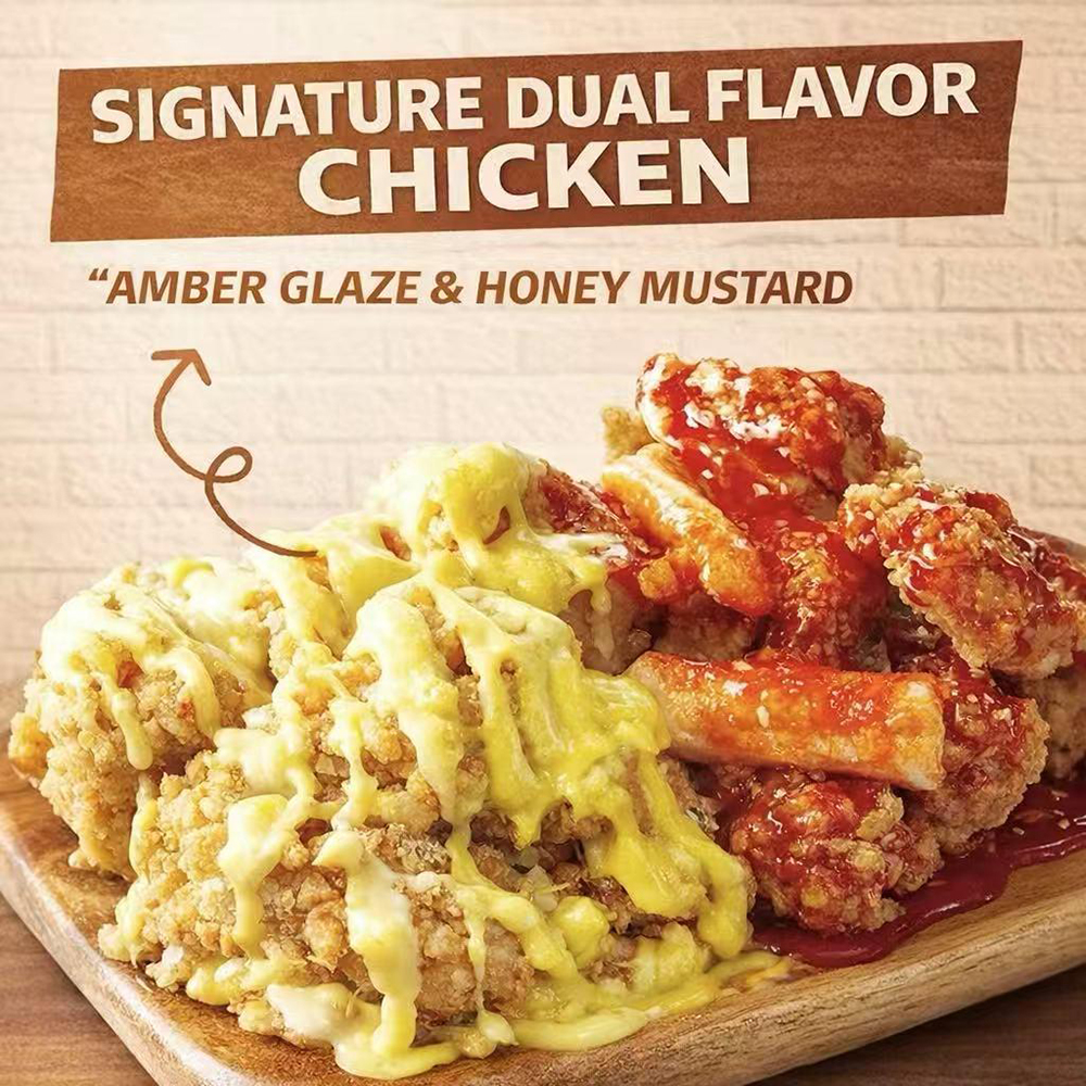 Signature dual flavor fried chicken with two sauces at Only Bear, a Korean Fried Chicken & Boba Tea Shop in Mineola