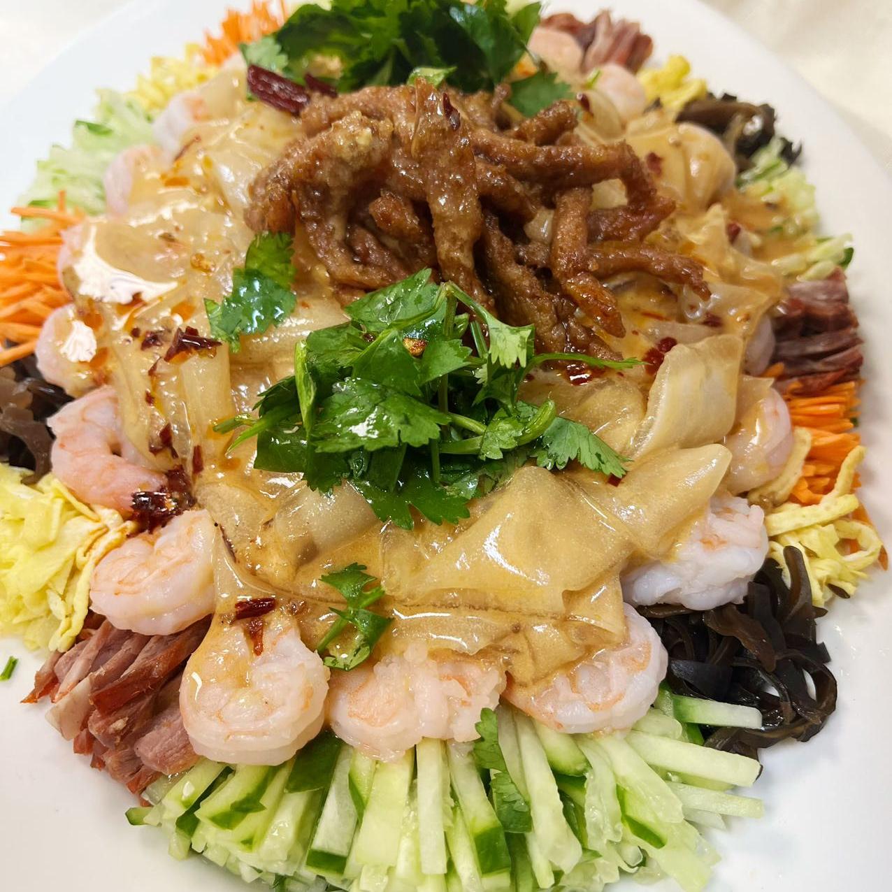 A platter of assorted fresh vegetables with prawns at Opera House, a Chinese restaurant in Philadelphia