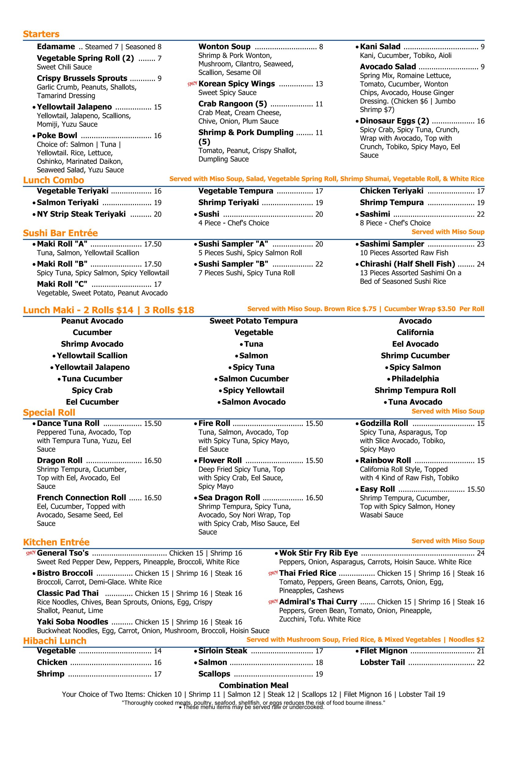 Mizzu Asian Bistro & Hibachi Sushi Restaurant Lunch Menu