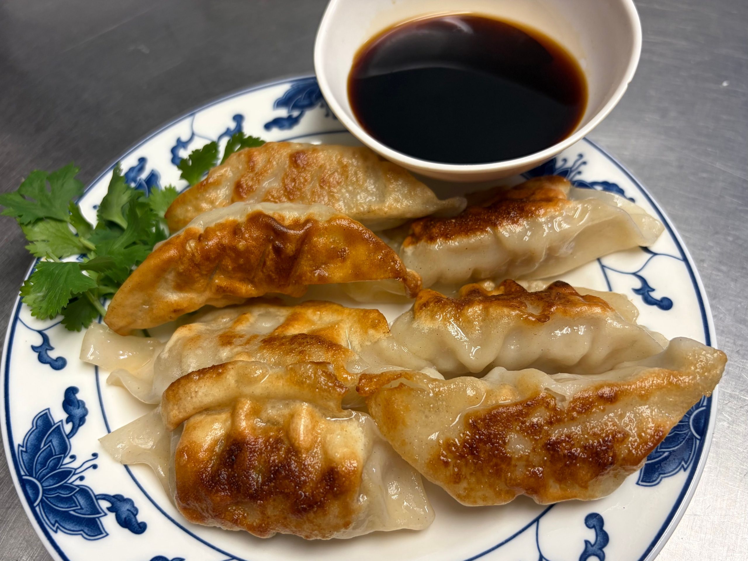 Pan-fried crispy dumplings served with soy dipping sauce and cilantro at The Wok, an Asian Fusion Restaurant in Rochester