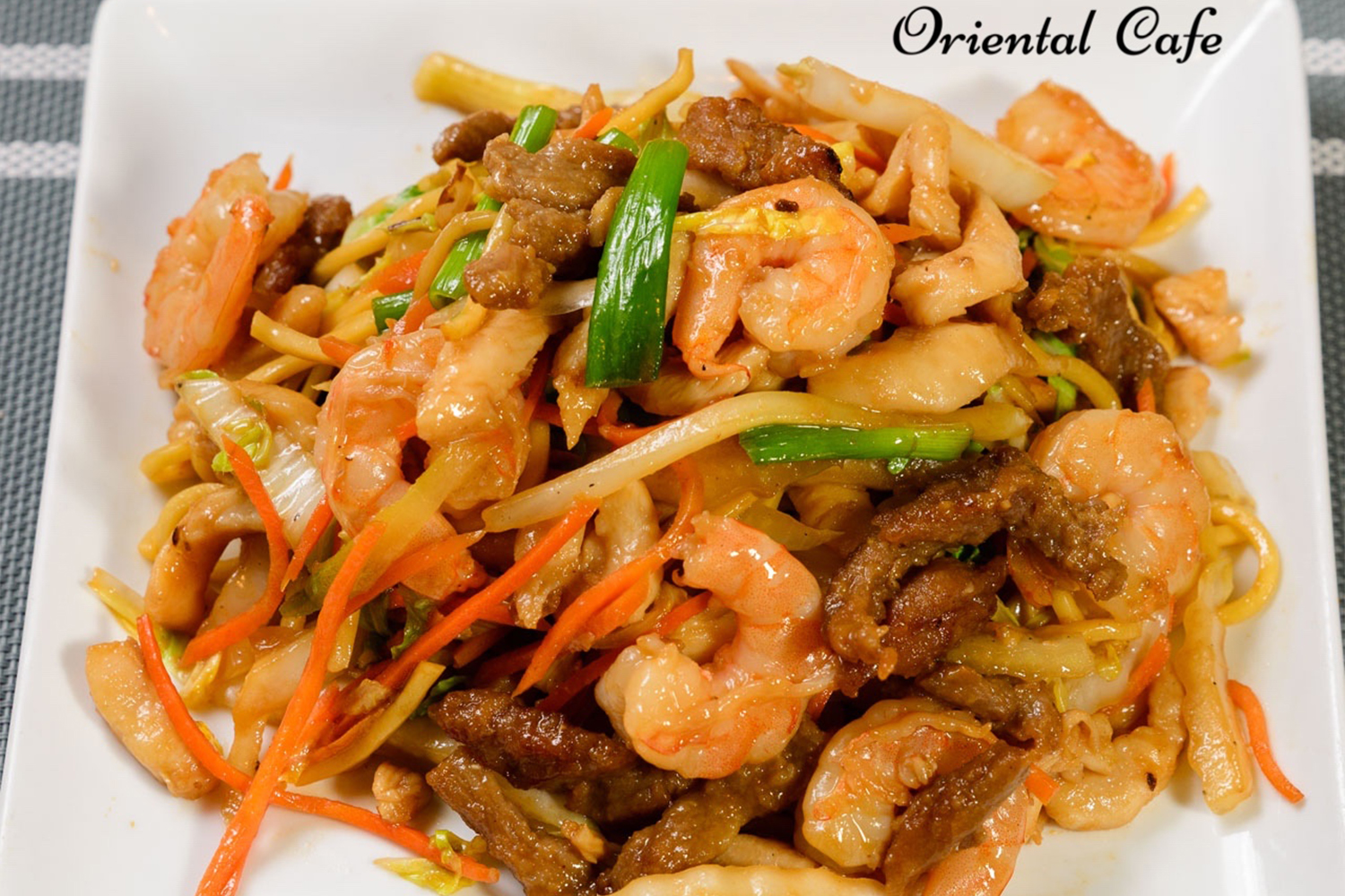 Combination lo mein with shrimp, beef, chicken and veggies at Oriental Cafe, a Chinese Restaurant in Rockville