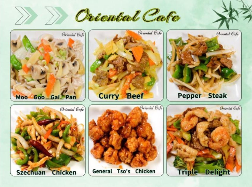 Six more Chinese dishes on a menu collage at Oriental Cafe, a Chinese Restaurant in Rockville
