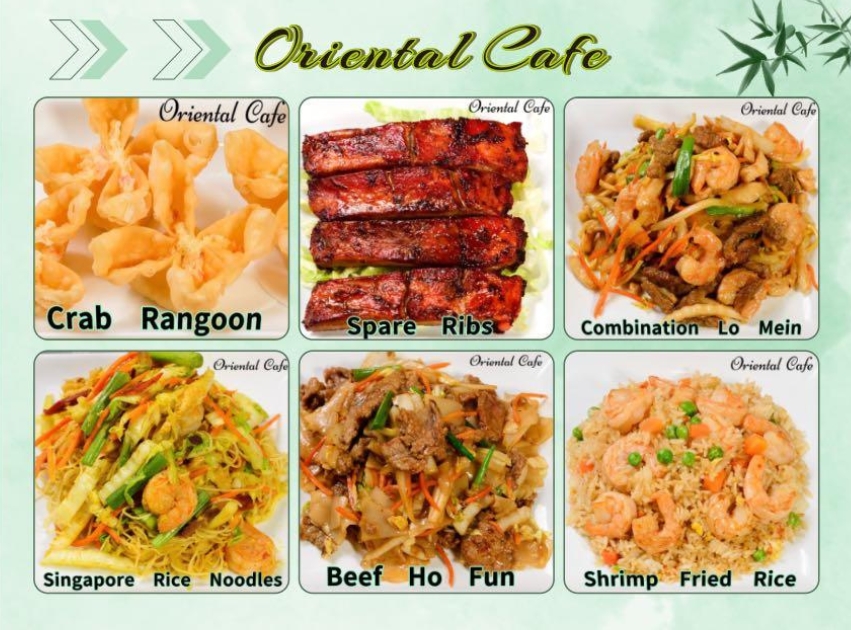 Six popular Chinese dishes on a menu collage at Oriental Cafe, a Chinese Restaurant in Rockville