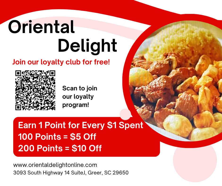 Oriental Delight loyalty program flyer with food photo, QR code, and reward details for earning points.