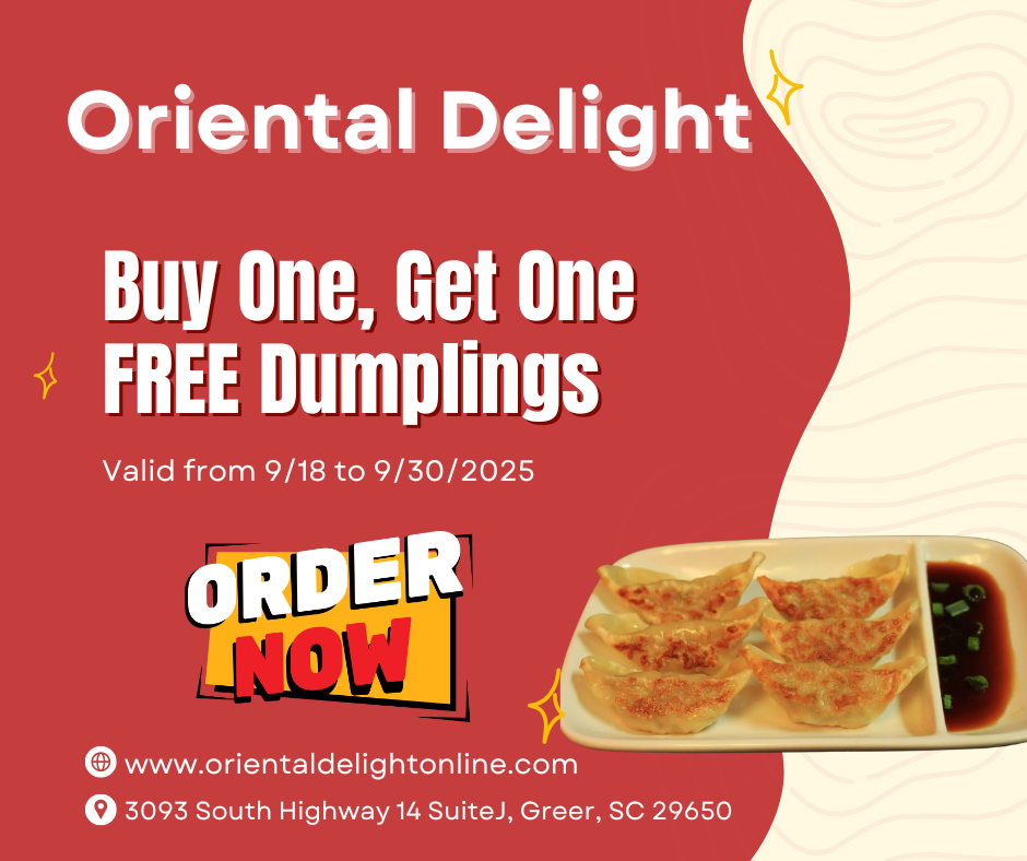 Oriental Delight ad: buy one get one free dumplings, valid 9/18–9/30/2025, with website and address.