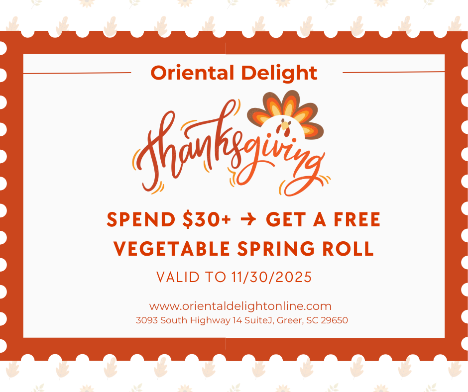 Oriental Delight promo: free vegetable spring roll with $30+ spend, valid through 11/30/2025.