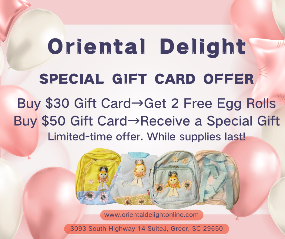 Oriental Delight gift card offer: buy $30 get egg rolls, buy $50 get special gift.