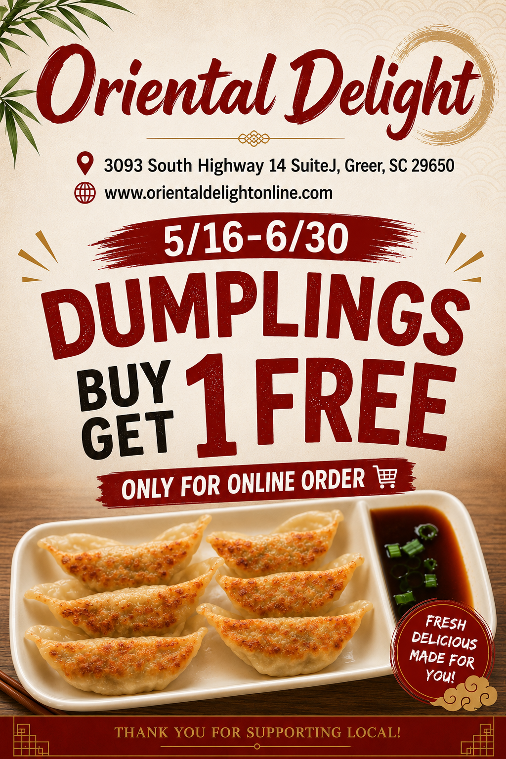 Oriental Delight online special: Buy 1 Get 1 Free from May 16 to June 30. Thank you for supporting local.