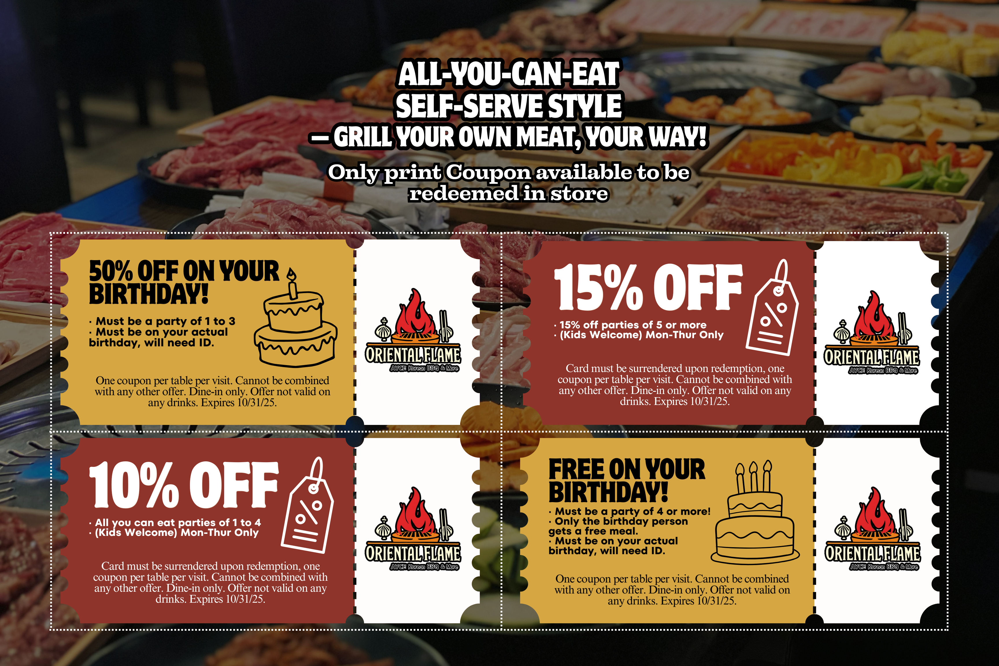 Coupons offering 50%, 15%, 10% off, and free meals for birthdays at Oriental Flame.