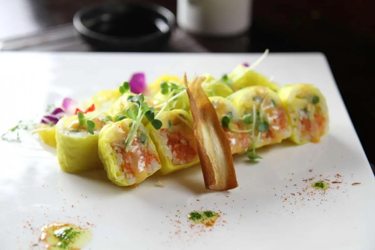Mango-wrapped sushi roll with microgreens, at Oriental Palace, a Asian Restaurant in Lawnside