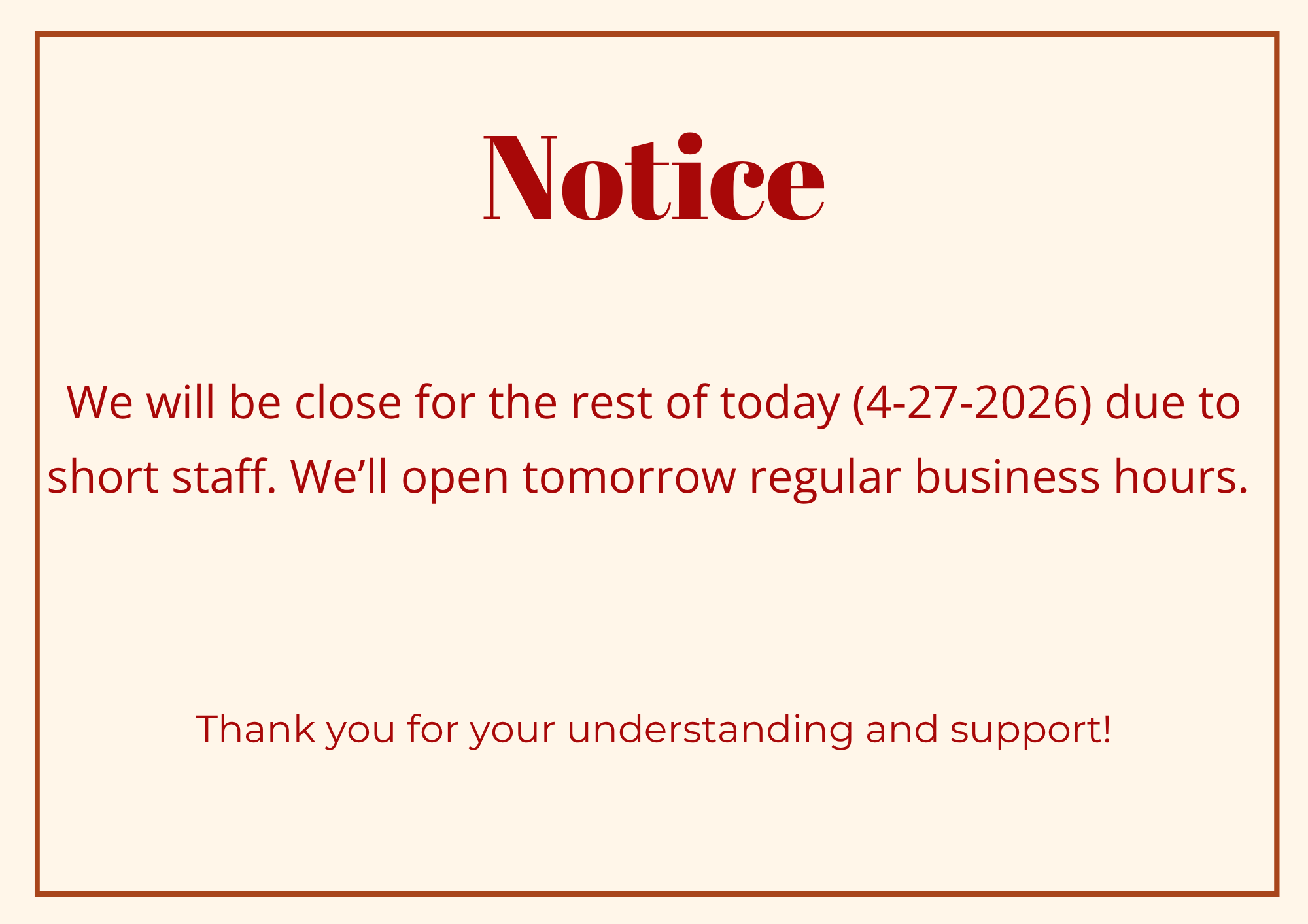 Notice of Special Operating Hours