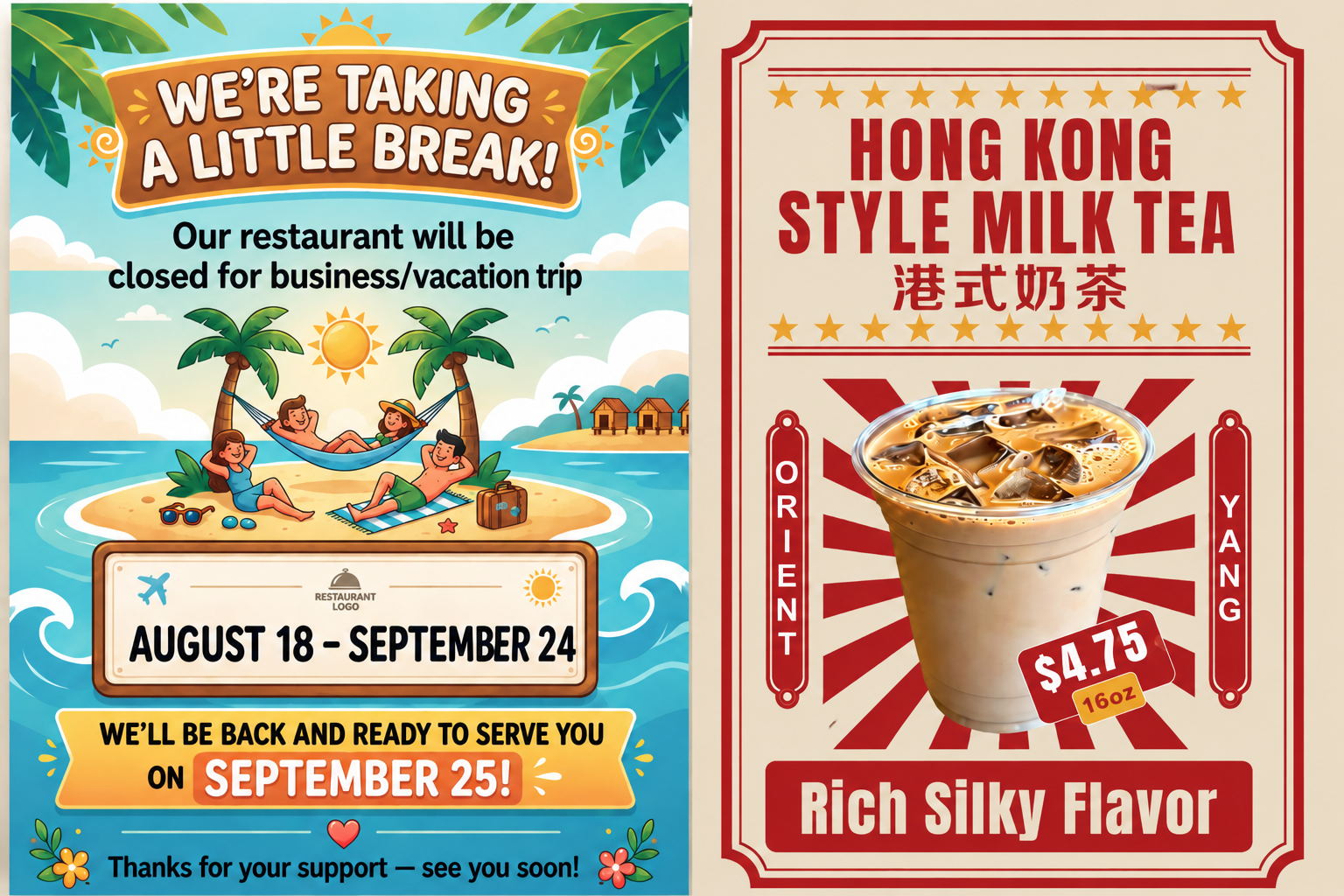 Restaurant closure notice and Hong Kong-style milk tea promotional poster featuring a rich, silky flavor, 16 oz for $4.75.