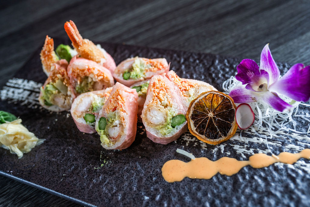 Eternal love shrimp tempura sushi roll with garnishes at Origami Asian Fusion Exton, an Asian Fusion Restaurant in Exton