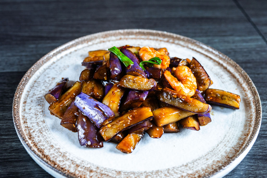 Shrimp stir-fry with eggplant in garlic sauce at Origami Asian Fusion Exton, an Asian Fusion Restaurant in Exton