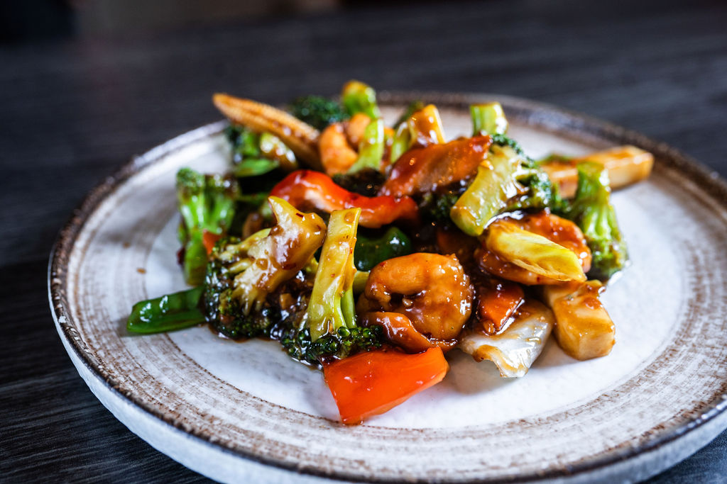 Shrimp stir-fry with mixed vegetables in garlic sauce at Origami Asian Fusion Exton, an Asian Fusion Restaurant in Exton