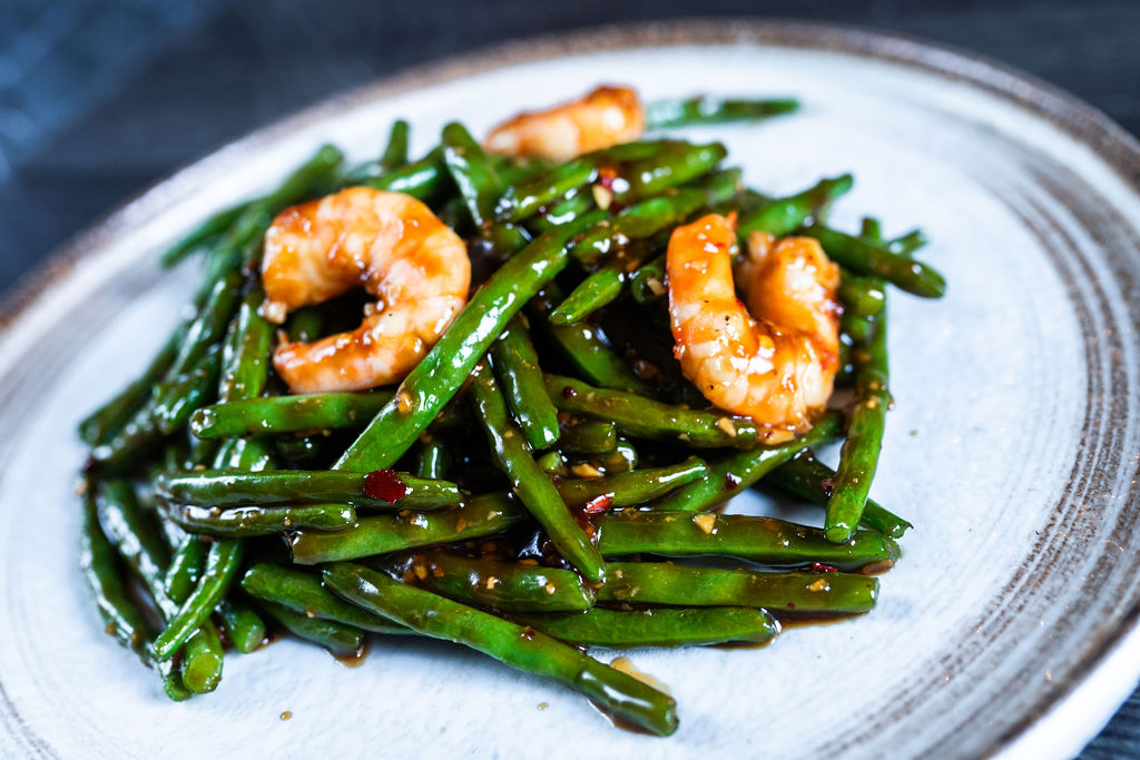Shrimp stir-fry with green beans in spicy sauce at Origami Asian Fusion Exton, an Asian Fusion Restaurant in Exton