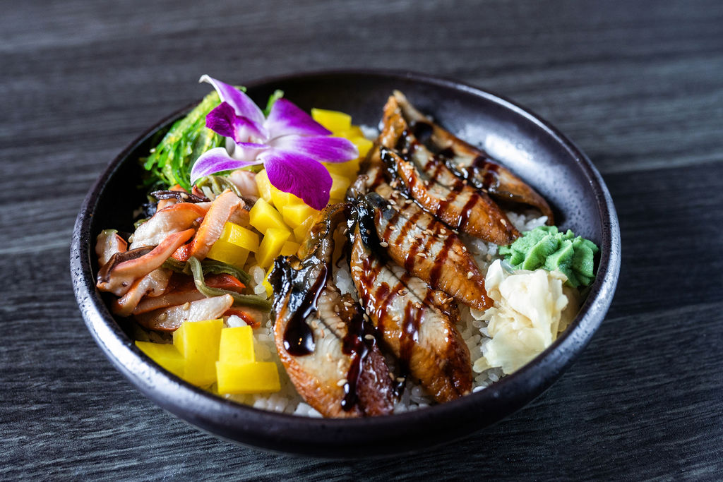 Grilled eel unagi donburi rice bowl with toppings at Origami Asian Fusion Exton, an Asian Fusion Restaurant in Exton