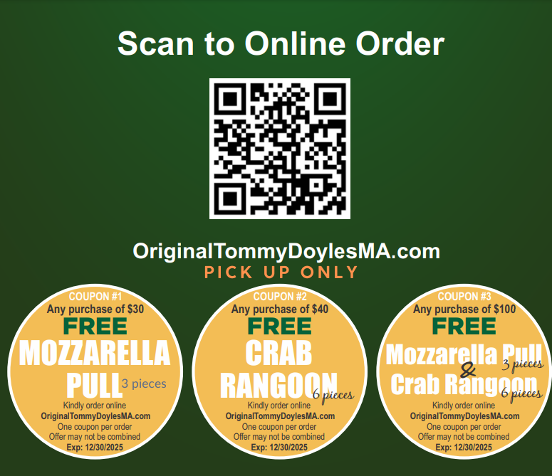 QR code for online ordering and coupons for free food with purchase at OriginalTommyDoylesMA.com