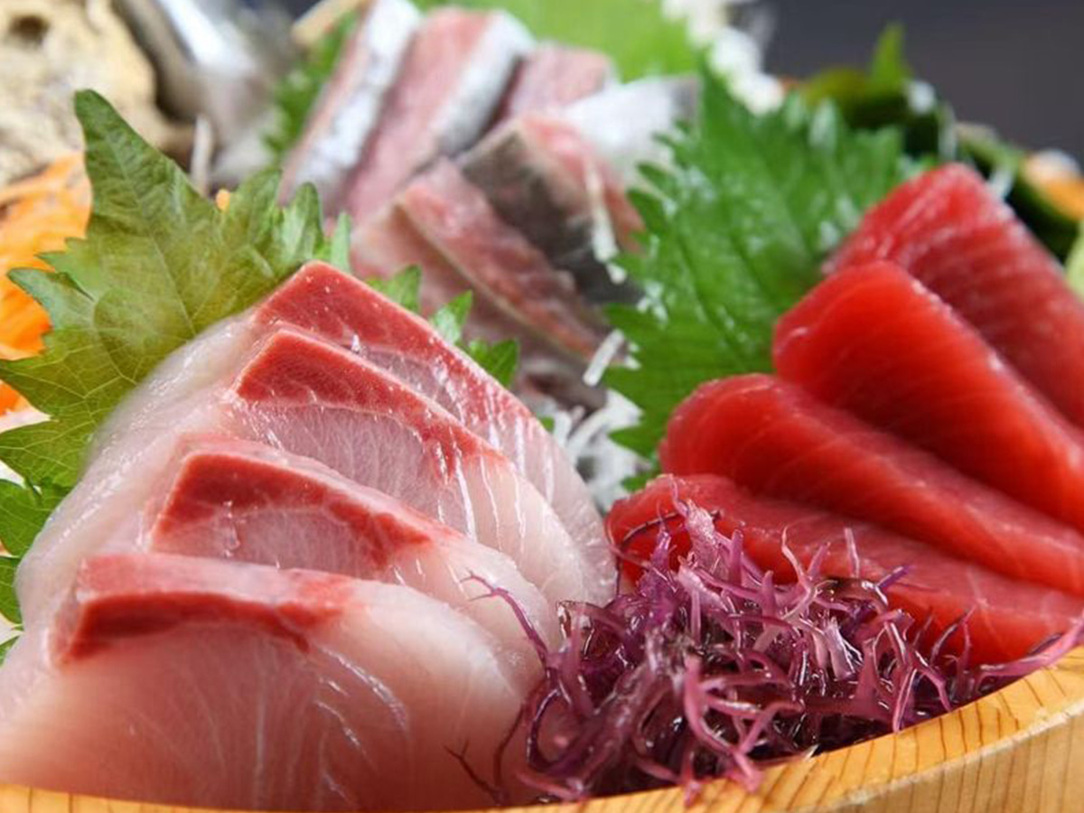 Assorted Sashimi Fresh slices of fish on a bed of shredded daikon and green leaves at Oroshi Sushi Omakase, a Japanese restaurant in Philadelphia