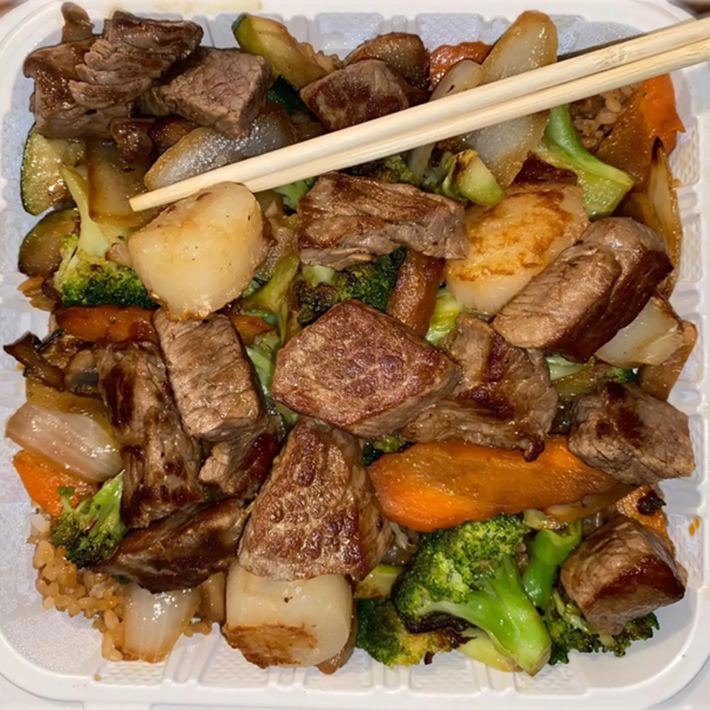 Hibachi steak scallop stir fry mixed vegetables rice chopsticks at Osaka Hibachi & Sushi, a Japanese Restaurant in Bainbridge