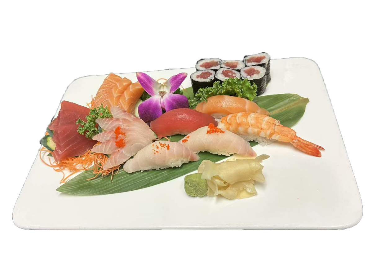 Osaka-Japanese & Chinese-Restaurant-Assorted-Sushi-and-Sashimi-Platter-Cornelius Platter with various sushi, sashimi, and maki rolls, garnished with an orchid at Osaka Japanese & Chinese,a Japanese & Chinese Restaurant in Cornelius