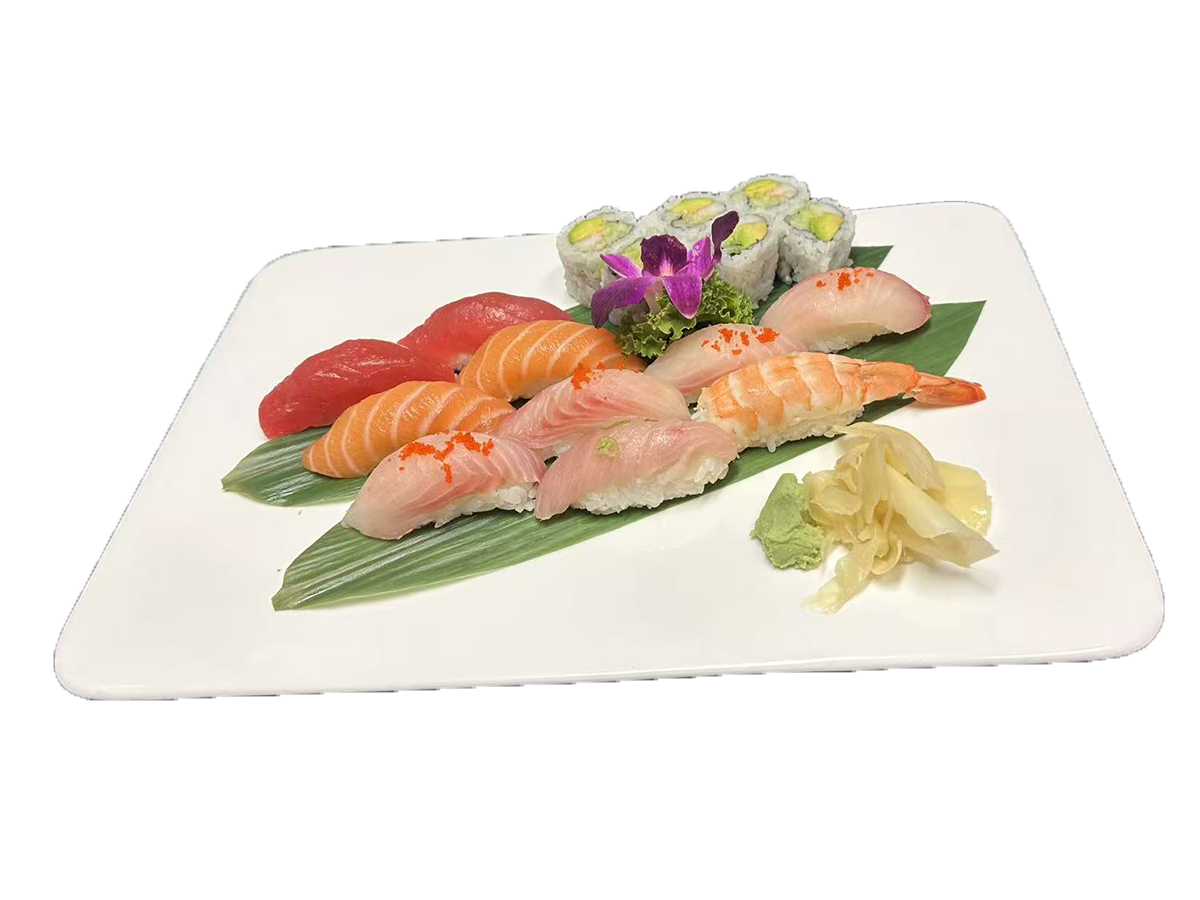 Osaka-Japanese & Chinese-Restaurant-Sushi-and-Maki-Platter-Cornelius Platter with sushi pieces and maki rolls, garnished with an orchid at Osaka Japanese & Chinese,a Japanese & Chinese Restaurant in Cornelius