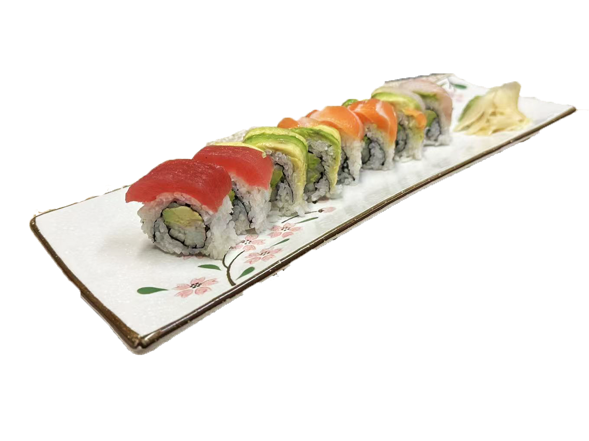 Osaka-Japanese & Chinese-Restaurant-Rainbow-Sushi-Roll-Cornelius Long platter of rainbow sushi rolls with ginger at Osaka Japanese & Chinese,a Japanese & Chinese Restaurant in Cornelius