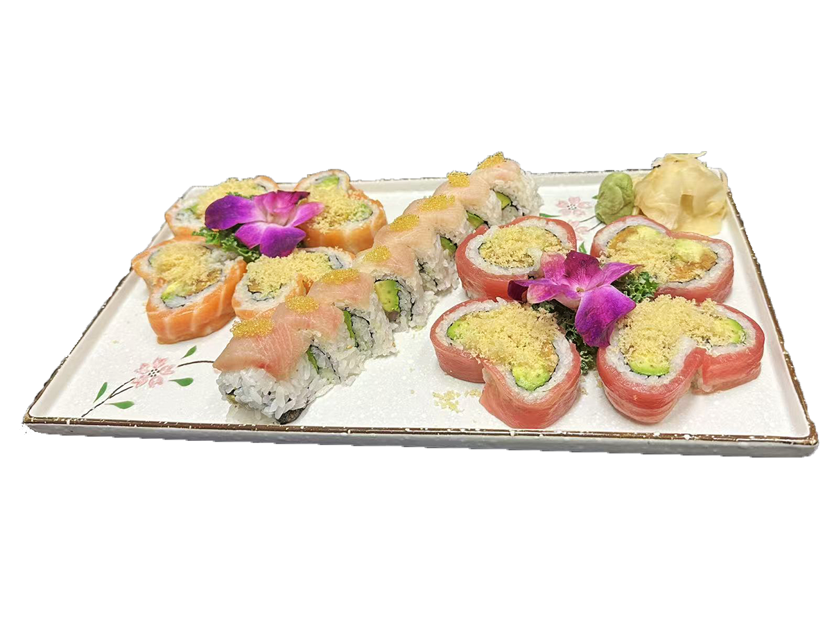 Osaka-Japanese & Chinese-Restaurant-Assorted-Specialty-Sushi-Rolls-Cornelius Platter of various specialty sushi rolls, garnished with orchids at Osaka Japanese & Chinese,a Japanese & Chinese Restaurant in Cornelius