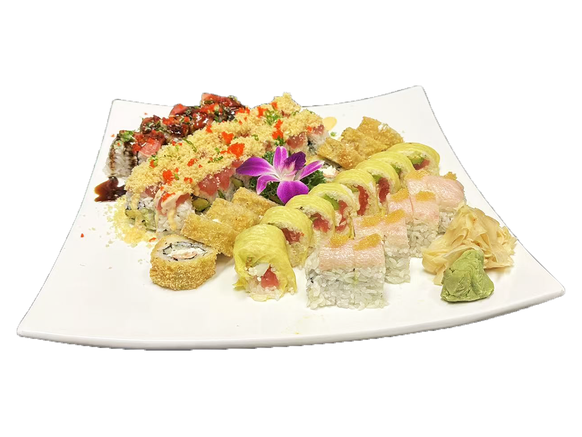 Osaka-Japanese & Chinese-Restaurant-Mixed-Sushi-Platter-Cornelius Platter with assorted sushi rolls, garnished with an orchid, ginger, and wasabi at Osaka Japanese & Chinese,a Japanese & Chinese Restaurant in Cornelius