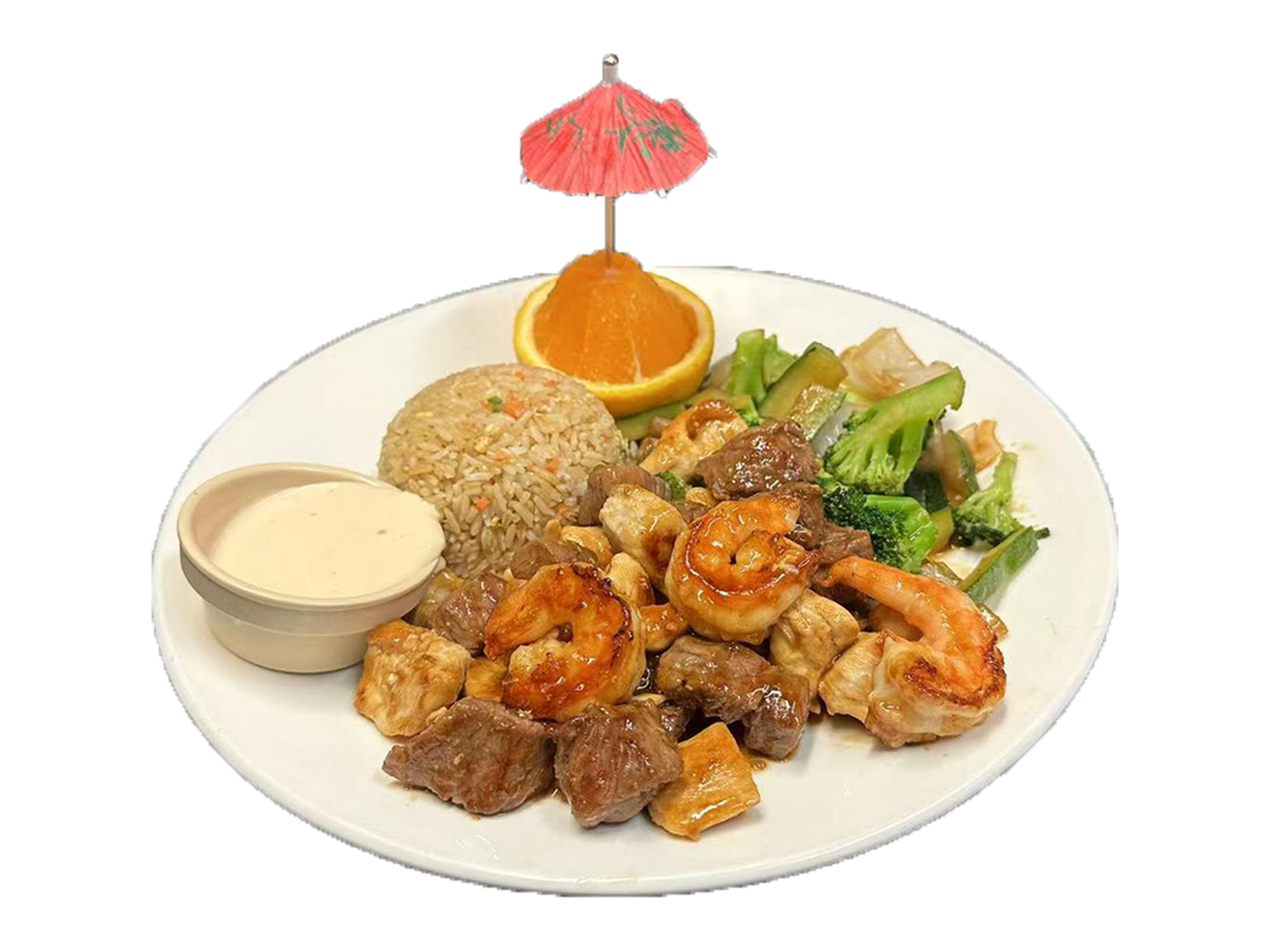 Osaka-Japanese & Chinese-Restaurant-Mixed-Grill-with-Rice-Cornelius Mixed grill including shrimp, beef, chicken, rice, vegetables, and sauce at Osaka Japanese & Chinese,a Japanese & Chinese Restaurant in Cornelius