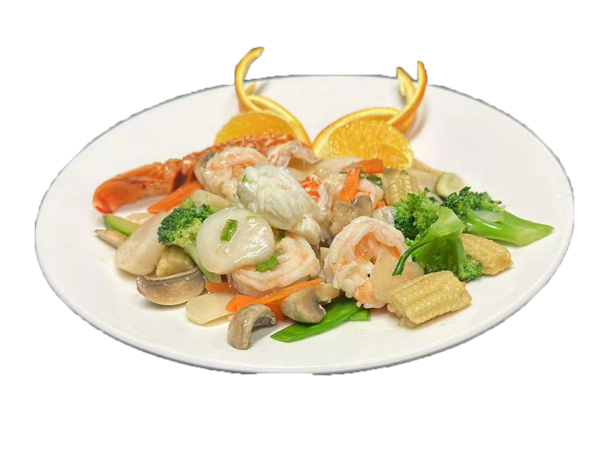Osaka-Japanese & Chinese-Restaurant-Seafood-Medley-Cornelius Assorted seafood (shrimp, scallops, etc.) with vegetables and orange garnish at Osaka Japanese & Chinese,a Japanese & Chinese Restaurant in Cornelius