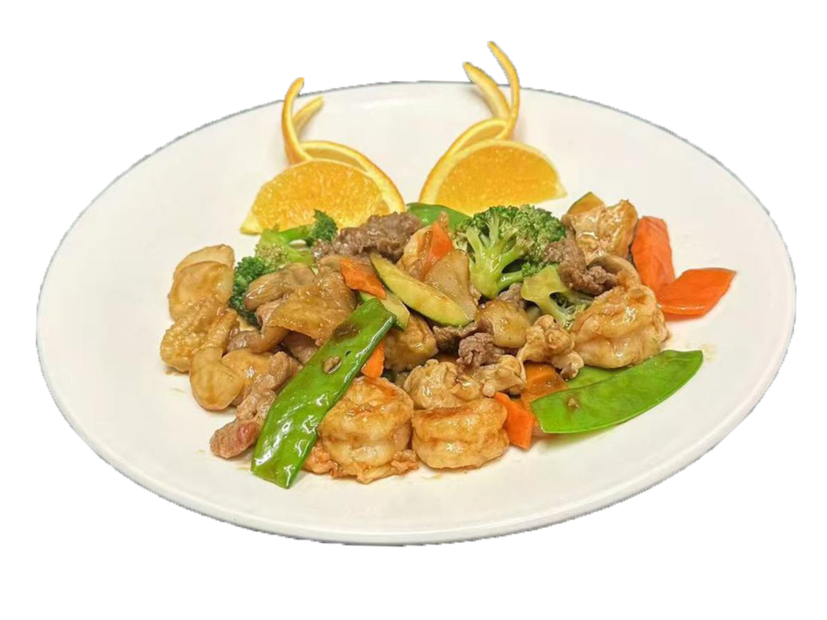 Osaka-Japanese & Chinese-Restaurant-Mixed-Meat-and-Vegetables-Cornelius Stir - fried mix of shrimp, beef, chicken, and vegetables with orange slices at Osaka Japanese & Chinese,a Japanese & Chinese Restaurant in Cornelius