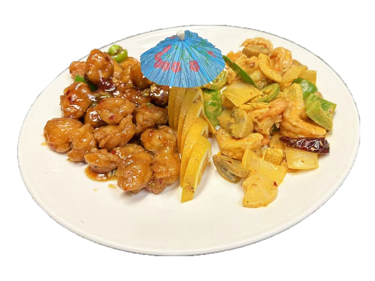 Osaka-Japanese & Chinese-Restaurant-Combination-Platter-Cornelius Platter with sweet and sour pork, stir - fried shrimp, lemon slices and a decorative umbrella at Osaka Japanese & Chinese,a Japanese & Chinese Restaurant in Cornelius