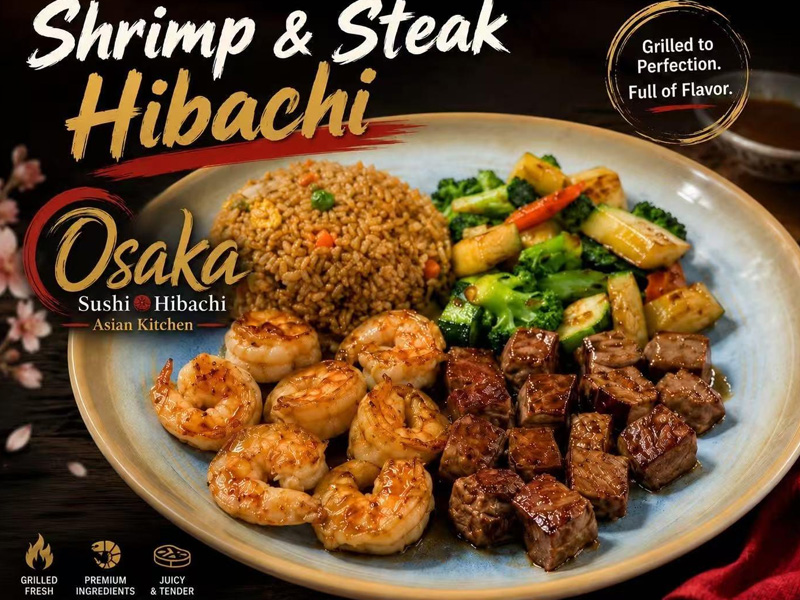 Shrimp and steak hibachi platter with fried rice, grilled veggies and dipping sauce at Osaka Sushi Hibachi Asian Kitchen, a Asian Restaurant in Lake City